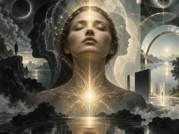 Figura em introspecção com luz interior e reflexo na água, representando a consciência.